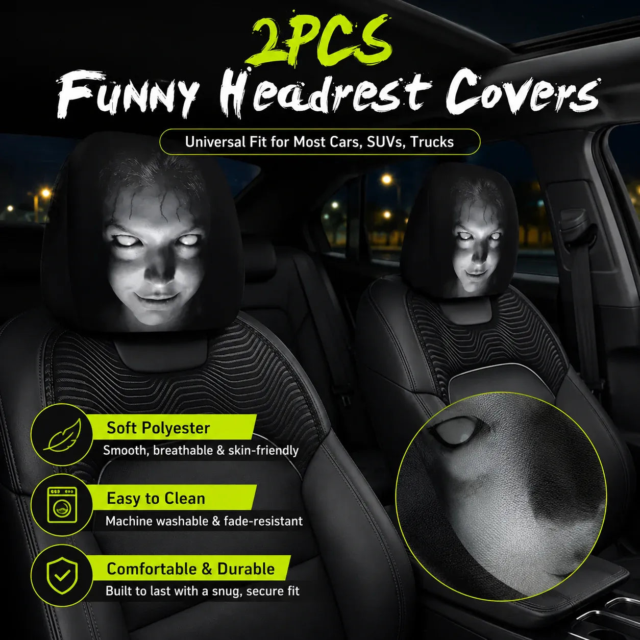 🔥😆 Funny Cartoon Car Headrest Covers – 2PCS Universal Fit 🚗