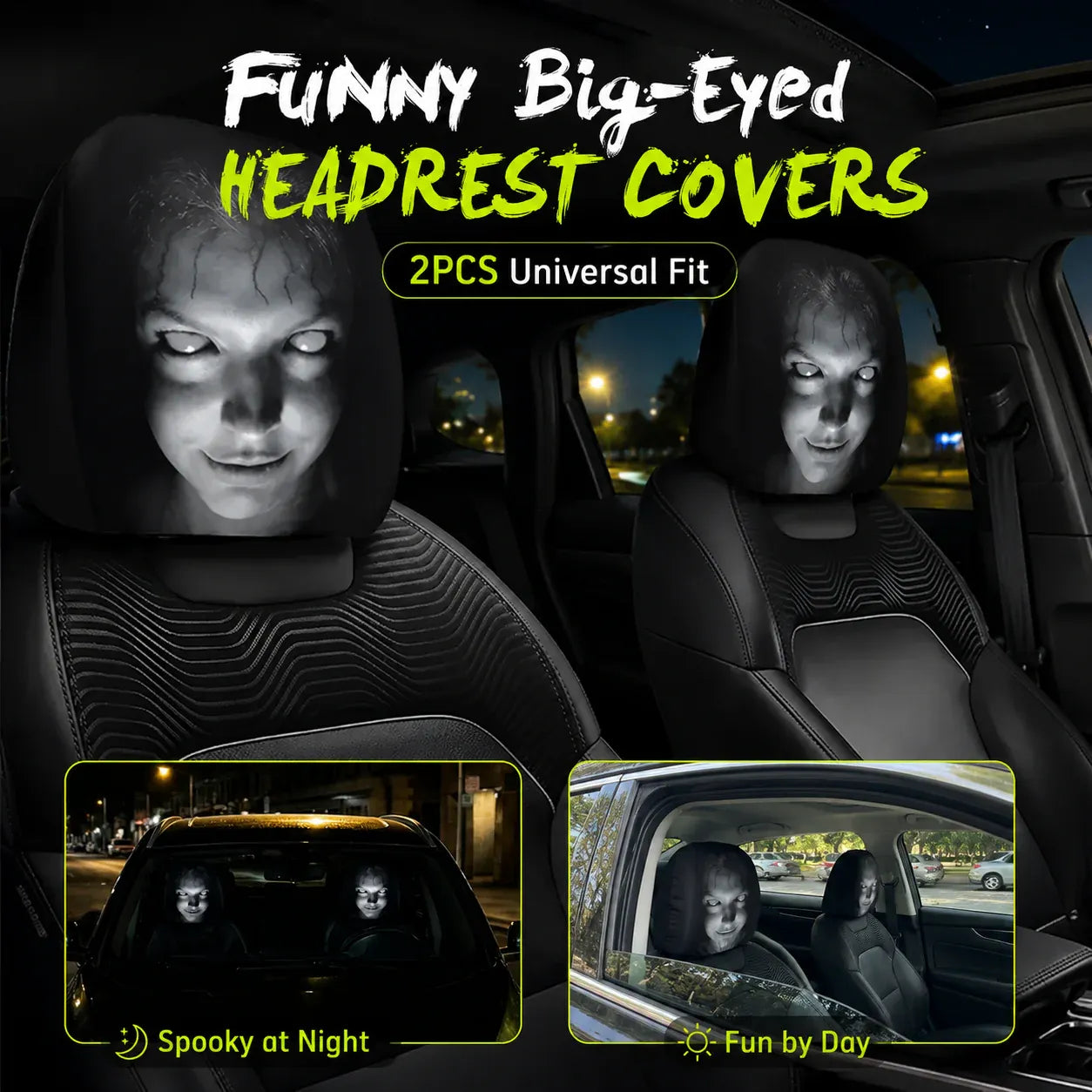 🔥😆 Funny Cartoon Car Headrest Covers – 2PCS Universal Fit 🚗